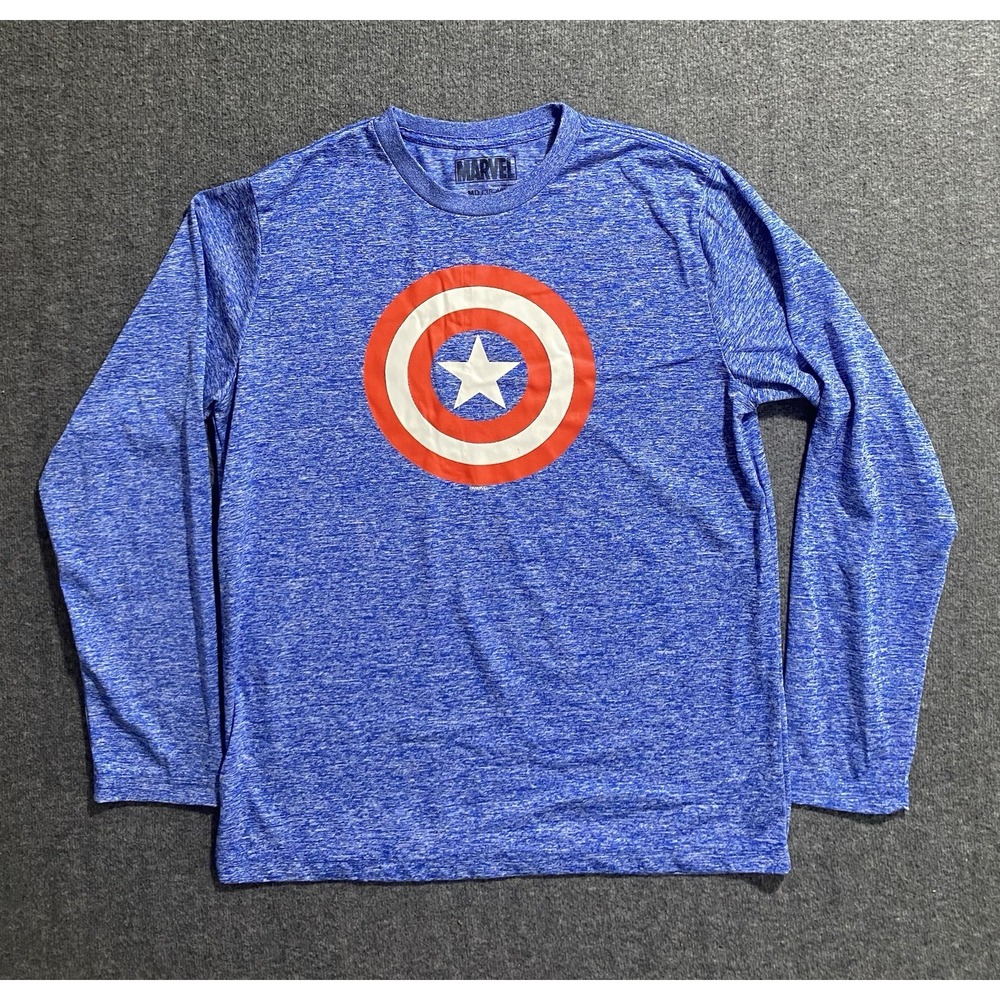 Marvel Shirt Mens Blue Captain America Long Sleeve Super Hero Shield 38/40